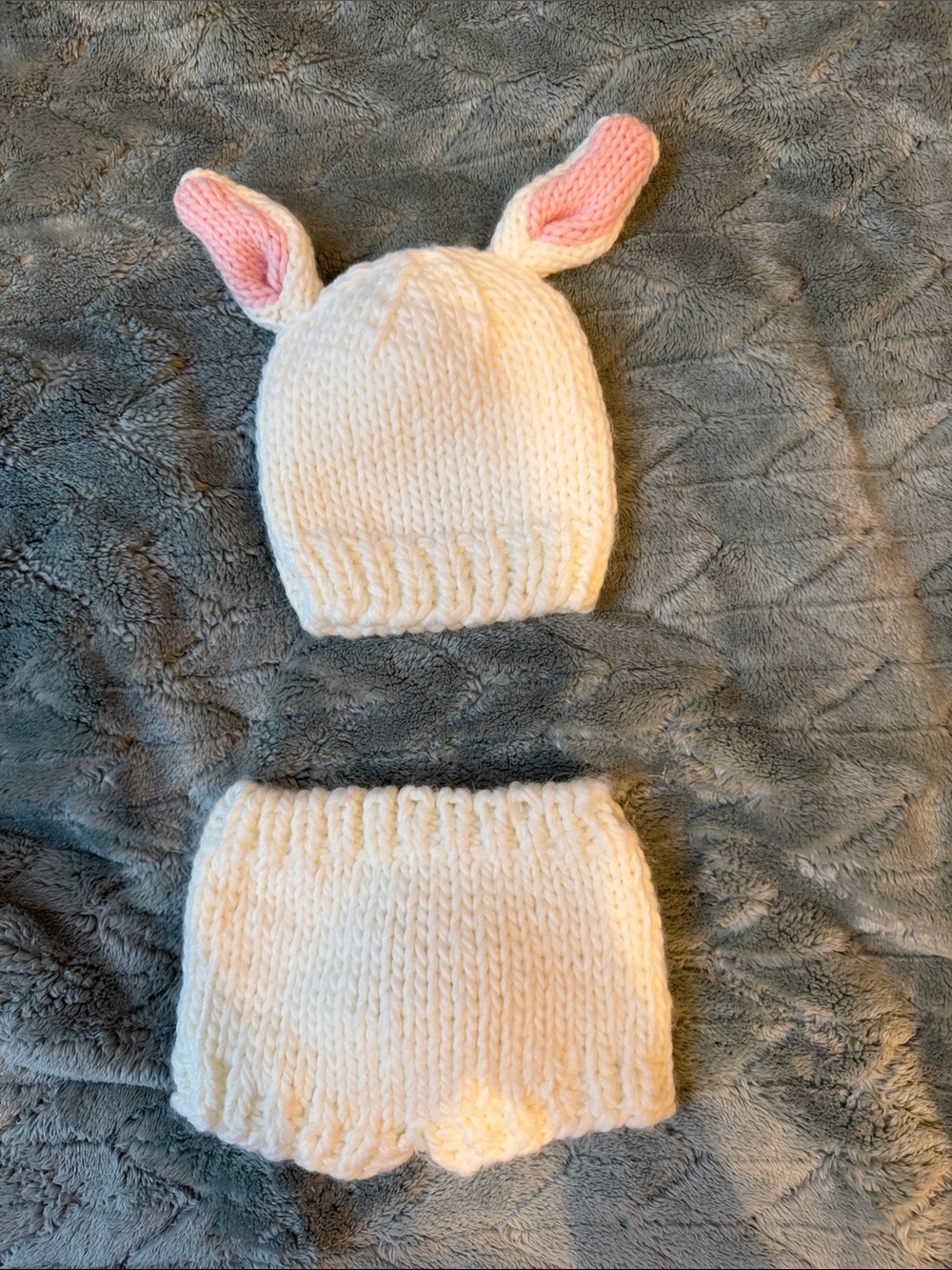 Cozy Bunny Ear Knit Hat & Shorts Set - White with Pink Ear Lining